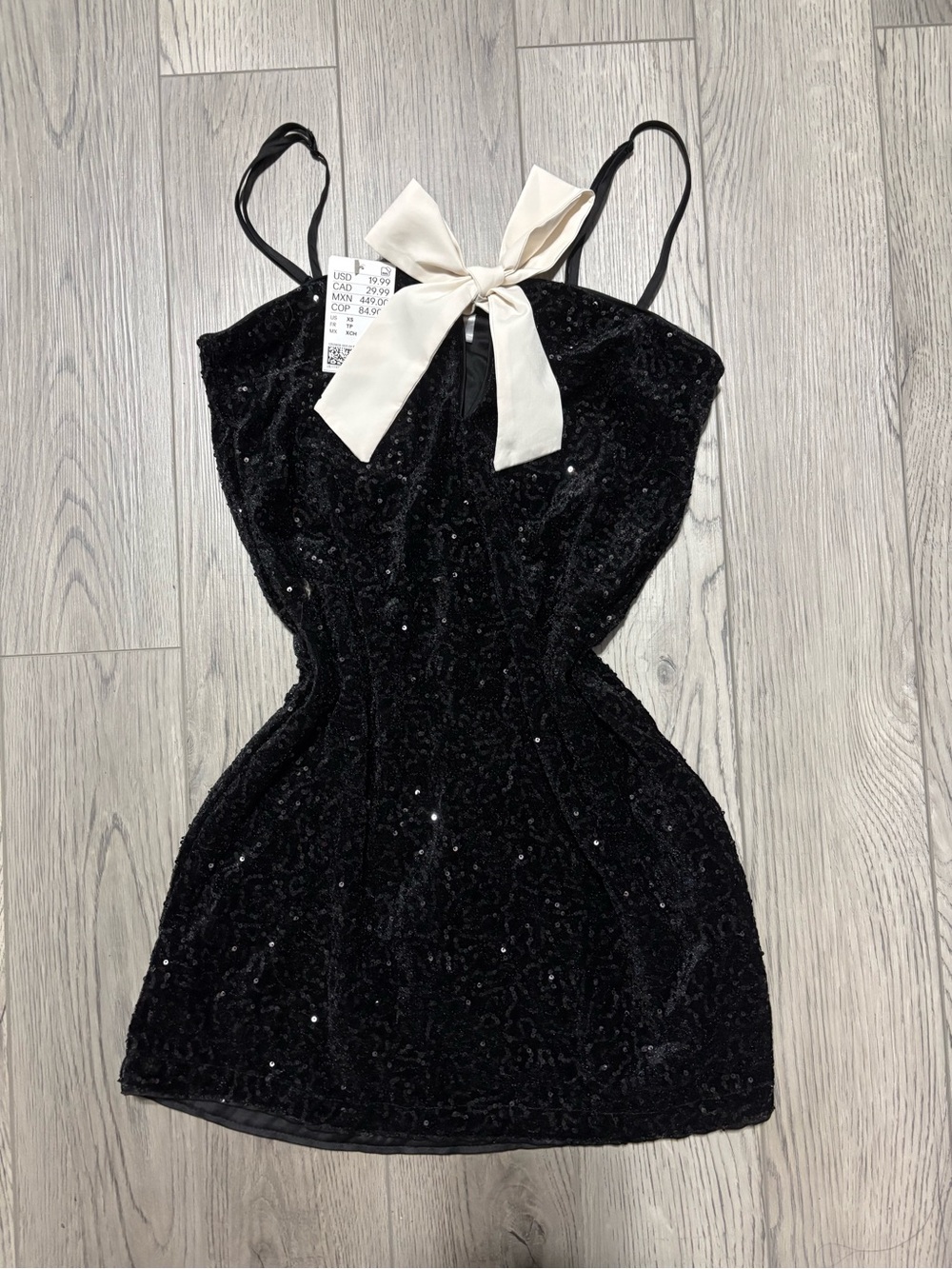 H&M Black Sequin Mini Dress with Cream Bow